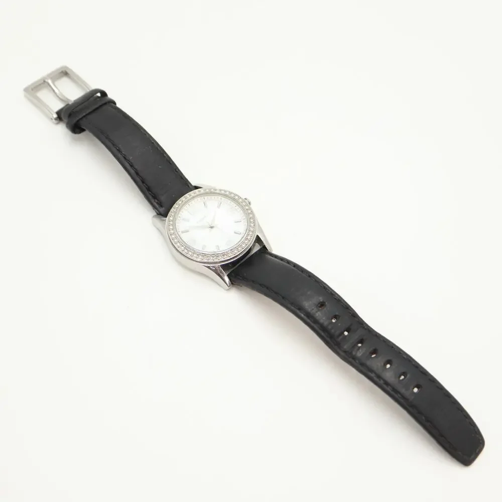 DKNY Womens Silver Tone MOP 32mm Watch Jewel Bezel Black Leather w New Battery